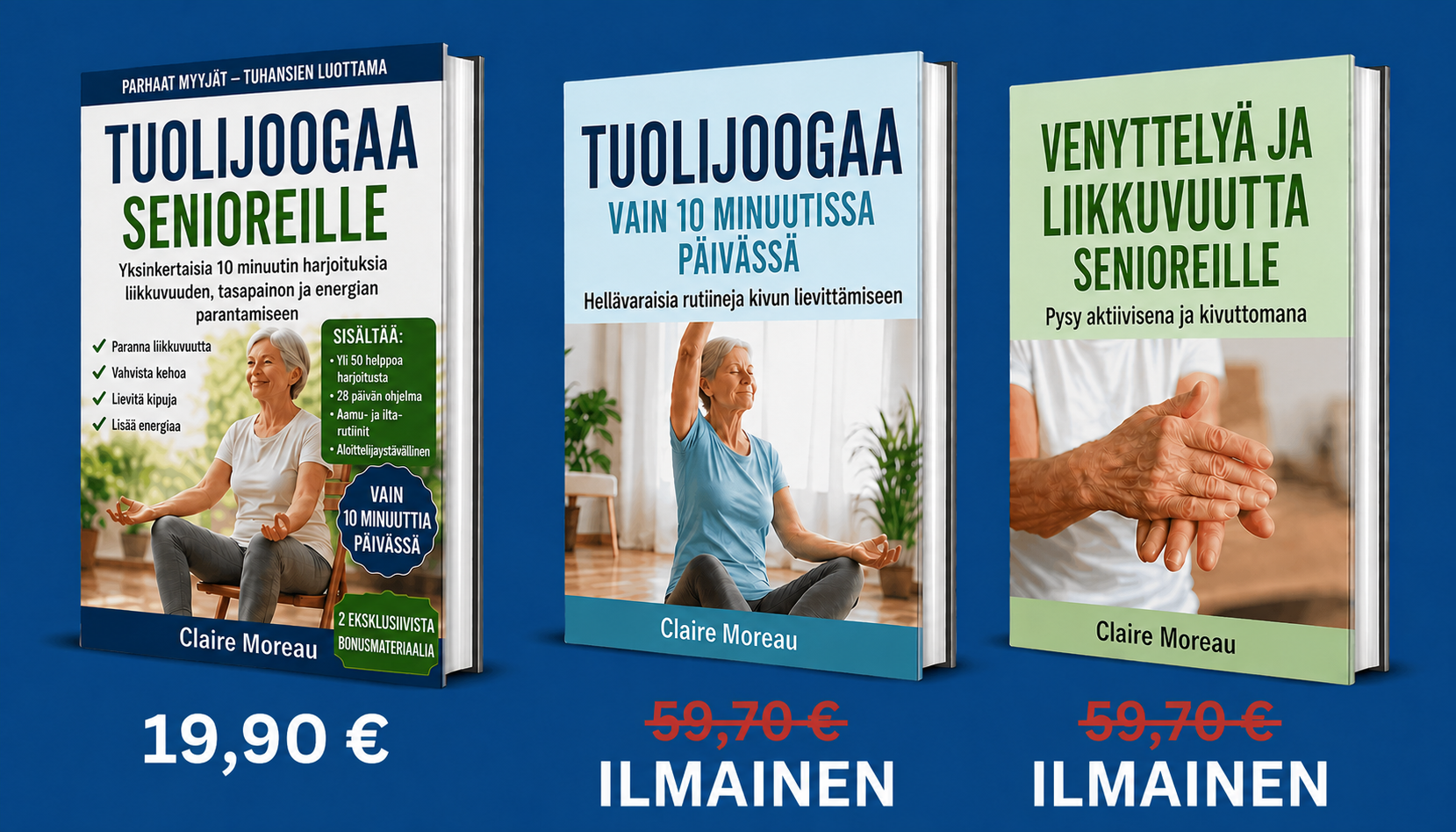 Yleiskatsaus kolmen tuolijoogakirjan pakettiin senioreille
