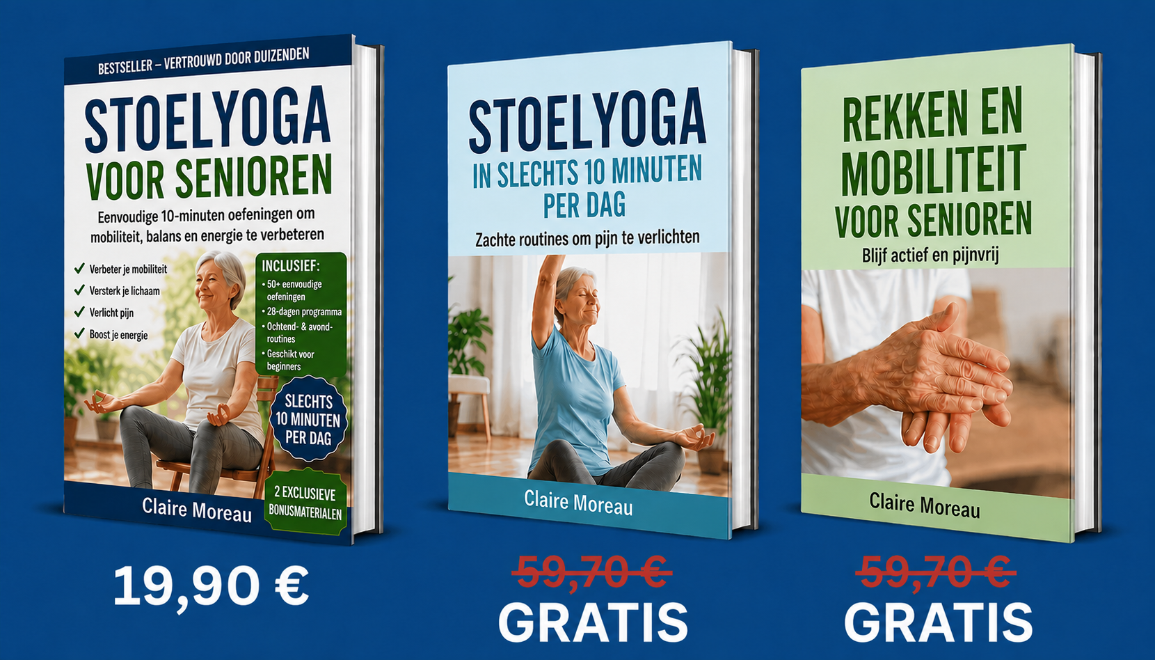 Overzicht van de set van 3 stoelyogaboeken voor ouderen