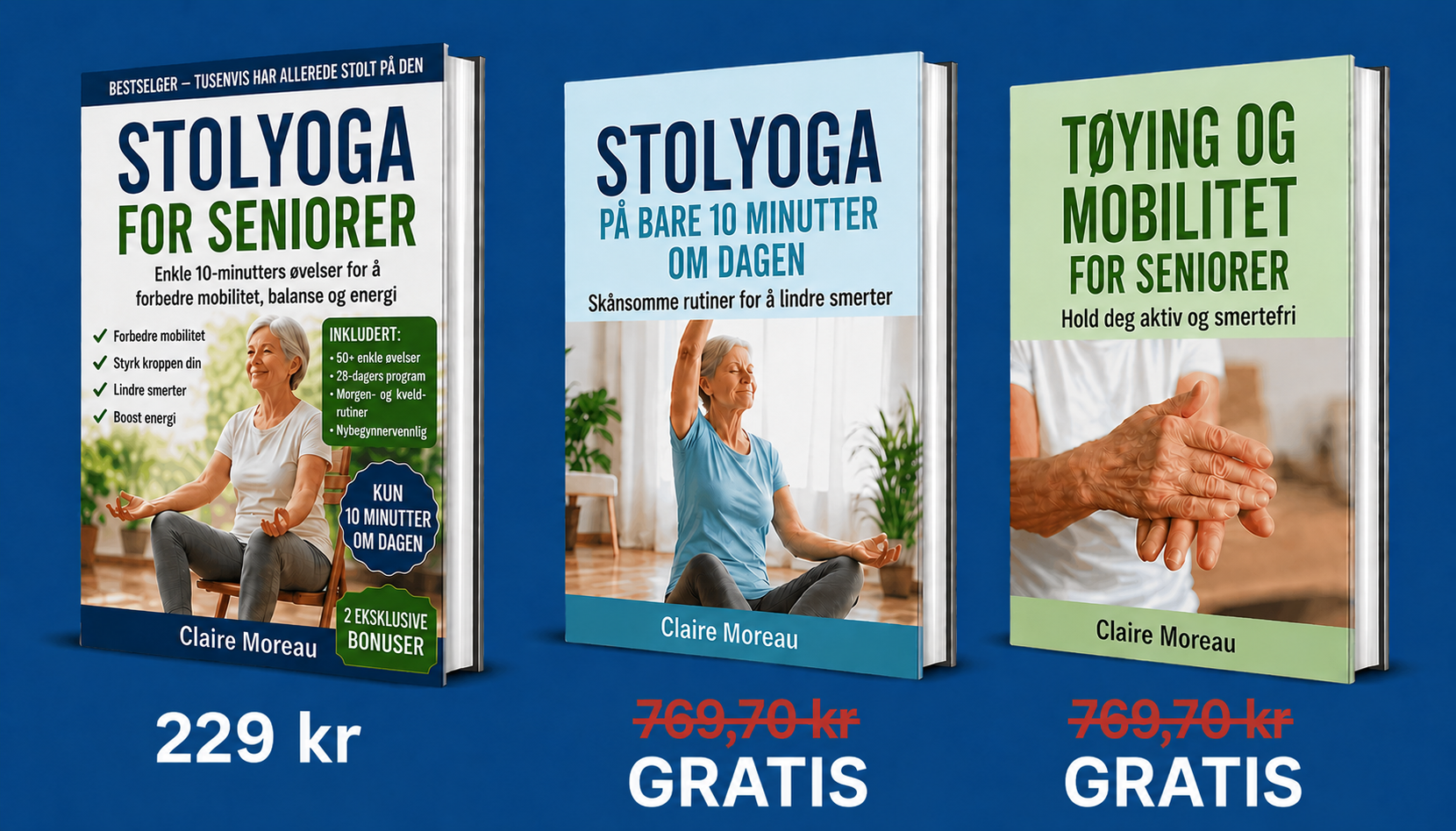 Oversikt over settet med 3 stolyoga for seniorer-bøker