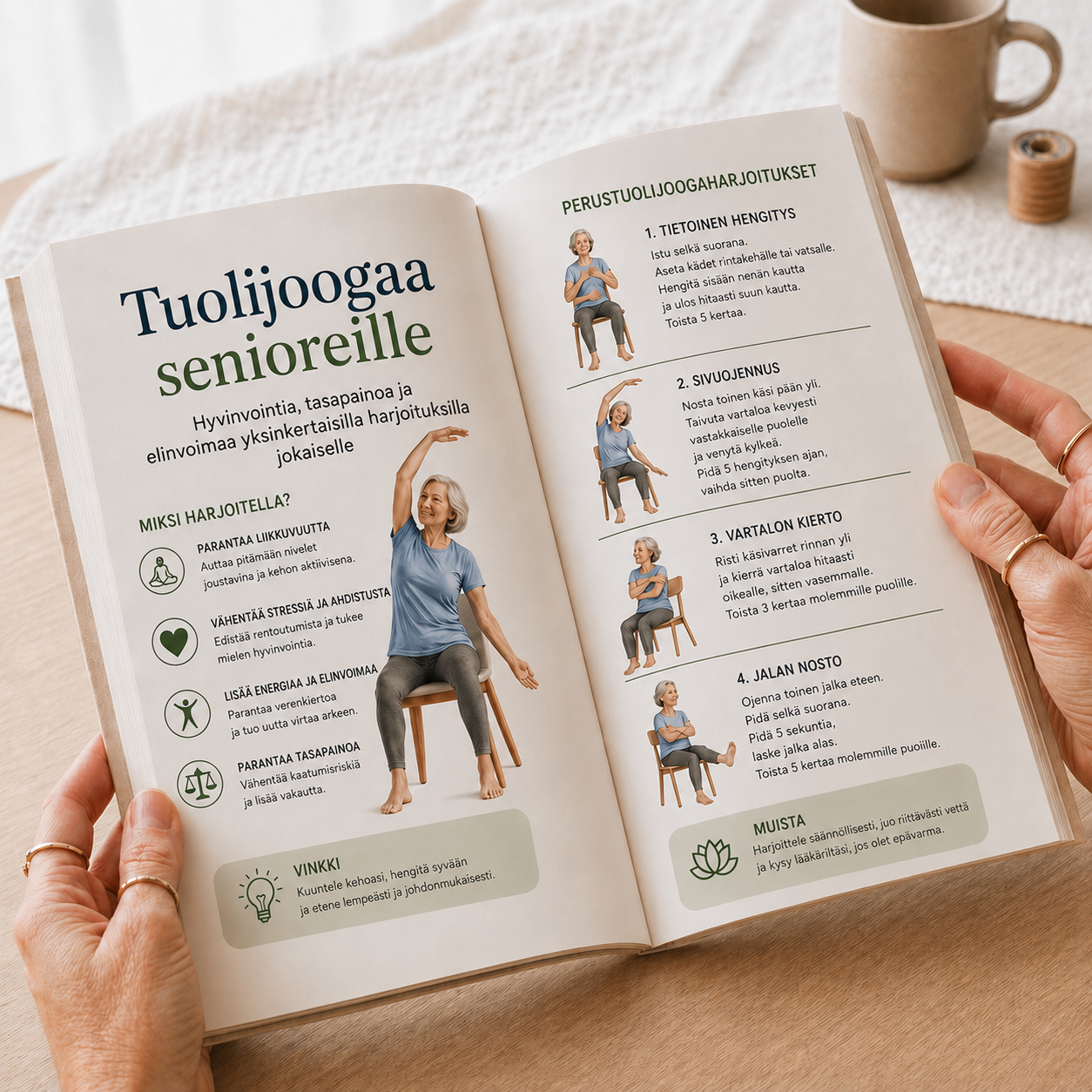 Kurkistus tuolijoogaa senioreille -kirjan sivuille